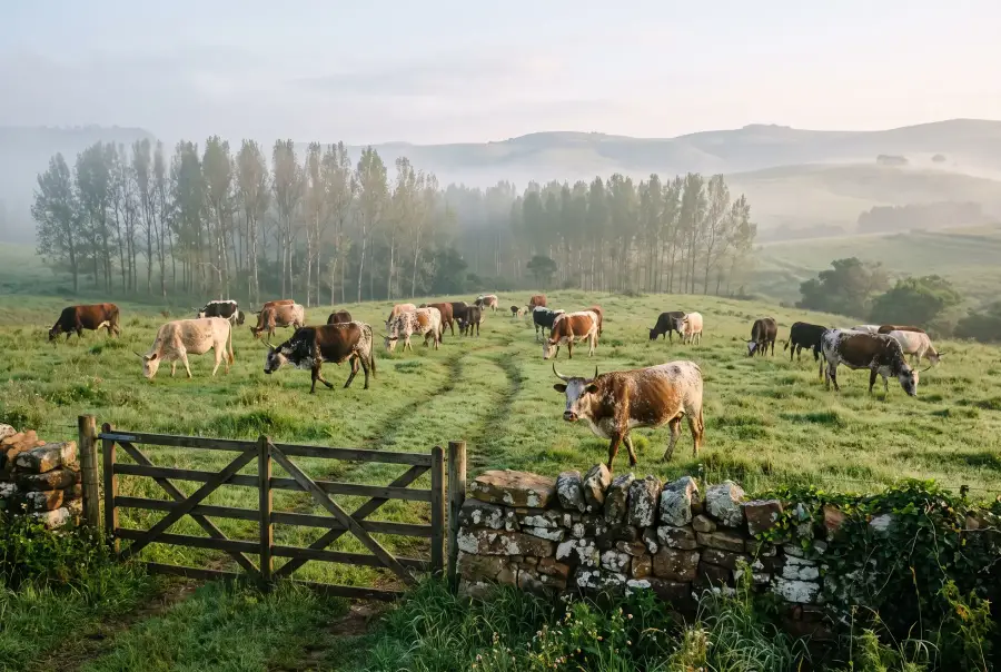 Nguni cattle grazing in morning mist