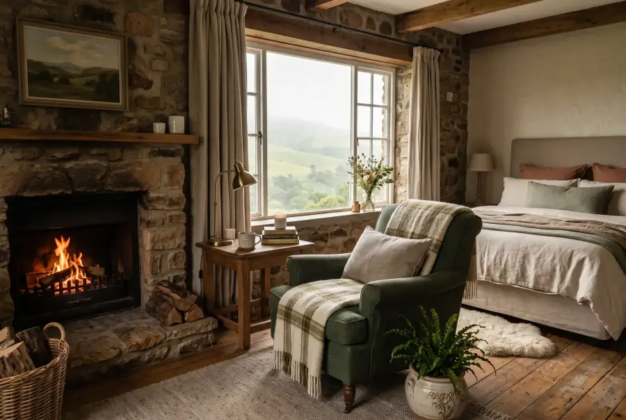 Cottage room with a fire and a view of misty hills