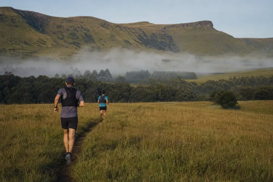 Trail runners crossing grassland below a mountain ridge