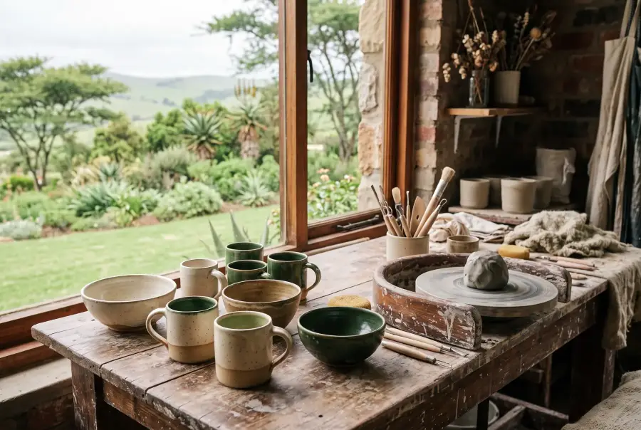 Potter's workbench beside a garden window