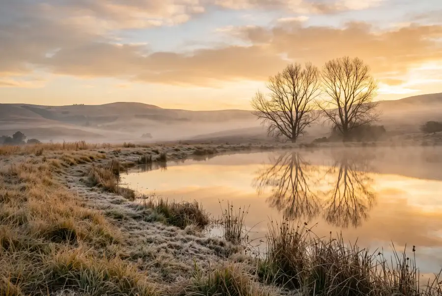 Frosty winter dawn over a farm dam